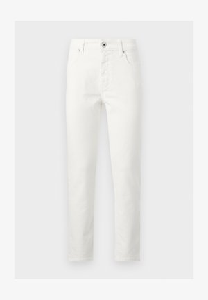 Jean blanc slim pour homme avec fermeture à boutons et zipper, poches avant et arrière, présenté sur un fond gris.
