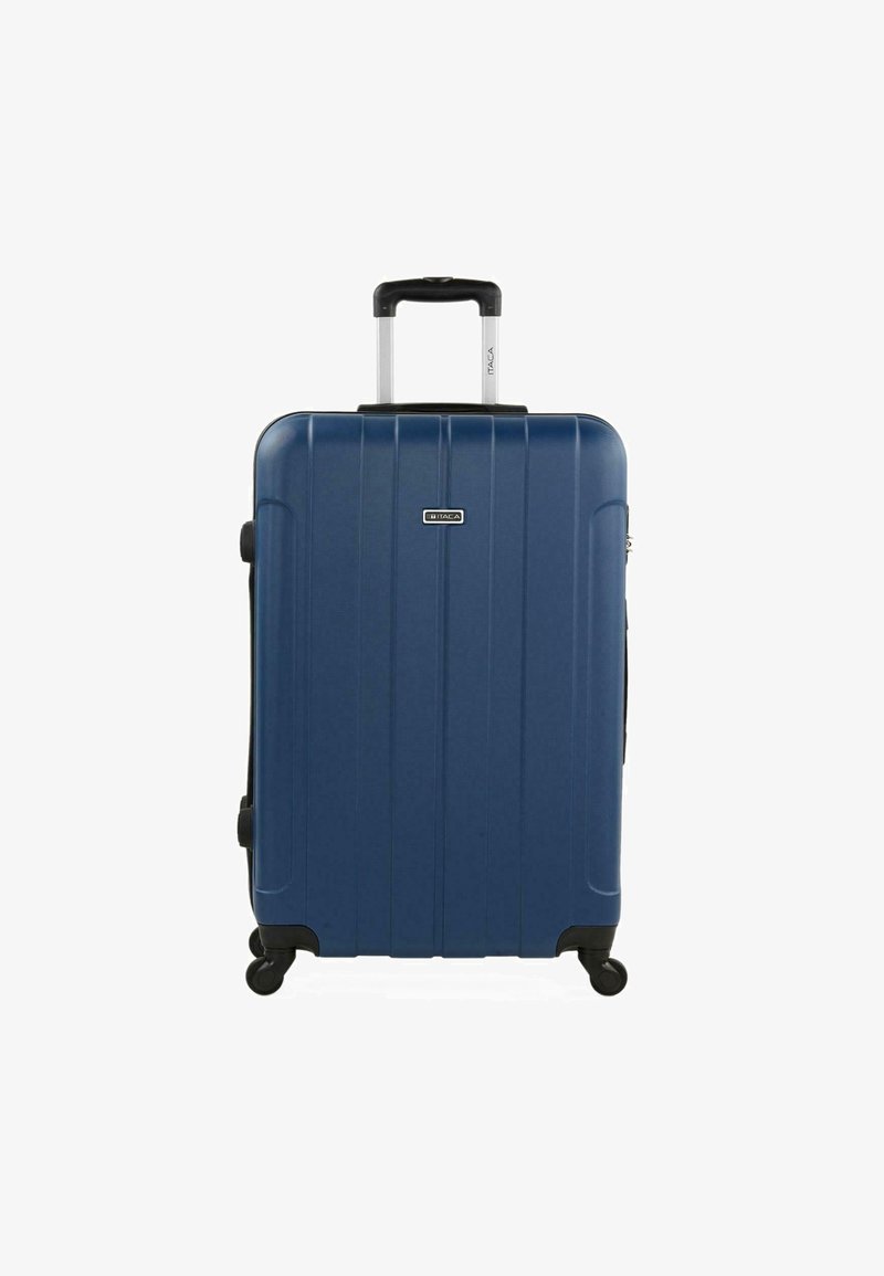 Maleta rígida navy con ranuras verticales, asa retráctil, ruedas dobles y cerradura, que cuenta con una superficie texturizada para un mejor agarre.