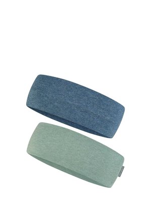 Two wide fabric headbands, one blue and one light green, lying flat on a white background.