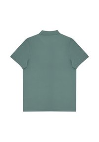Koszulka polo, krótki rękaw, w jednolitym, stonowanym zielonym kolorze, wykonana z teksturowanej tkaniny, z klasycznym kołnierzykiem i luźnym krojem.