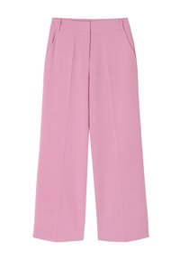 Lichtroze wijde broek gemaakt van soepel materiaal, met twee zijzakken en een voorplooien ontwerp. Tailored tailleband, geen zichtbare sluitingen.