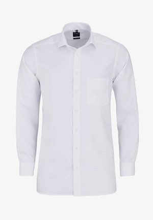 Biała koszula z długim rękawem, wykonana z gładkiego materiału, z zapięciem na guziki z przodu, kieszenią na lewym piersi i starannie wykończonymi mankietami.