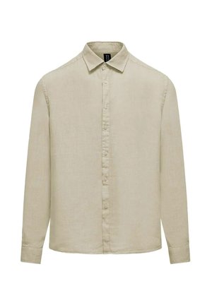 Camicia beige a maniche lunghe con bottoni, collo e polsini, realizzata in tessuto leggero, mostrata su sfondo bianco.