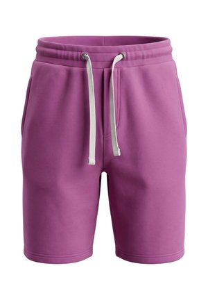 Paarse knielange shorts met wit trekkoord in de tailleband en zijzakken, gemaakt van zachte, gladde stof.