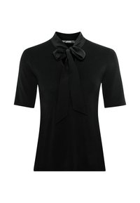 Musta lyhythihainen pusero, jossa on korkea kaulus ja rusetti kaula-aukon kohdalla, valmistettu sileästä kankaasta ja istuva.