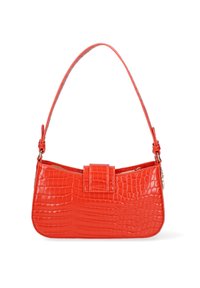 Borsa a mano in pelle sintetica rossa con motivo coccodrillo, di forma rettangolare. Presenta una chiusura con zip superiore, manico piatto e una chiusura centrale con patta.