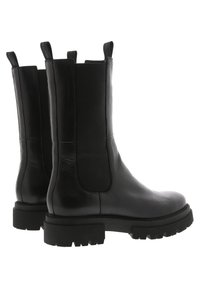 Schwarze Leder-Stiefeletten mit elastischen Seitenpanels, stabiler schwarzer Gummisohle und einer Zuglasche hinten für einfaches Anziehen. Glatte Textur und schlichtes Design.