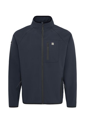 Námořnická softshellová bunda s vysokým límcem, předním zipem, kapsou na hrudi a dvěma bočními kapsami na zip. Hladký povrch a přiléhavý střih.