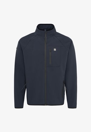 Laivastonsininen pehmeäkuorijakku, jossa on korkea kaulus, etuvetoketju, rintatasku ja kaksi sivutaskua vetoketjulla. Sileä rakenne ja istuva malli.