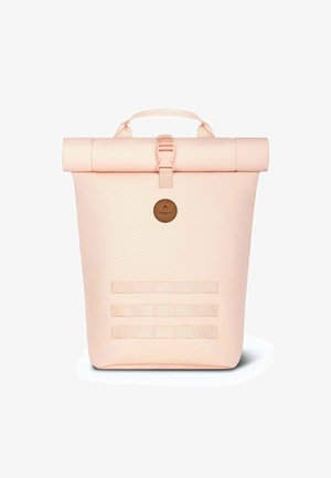 Roll-top backpack in soft pink material, featuring a large circular logo, adjustable buckle closure, and three horizontal strap accents.