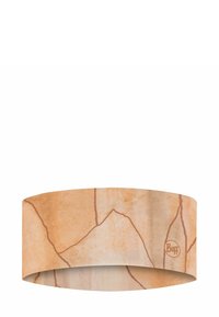 Cinta para la cabeza Buff con una tela lisa y texturizada. Color naranja tierra con patrones de mármol marrón claro. Presenta un logo en un lado.
