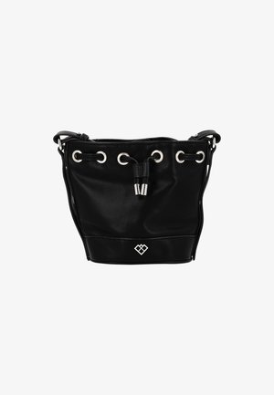 Black bucket bag made of smooth synthetic material, featuring silver eyelets and a drawstring closure. Accented with a small logo at the base.