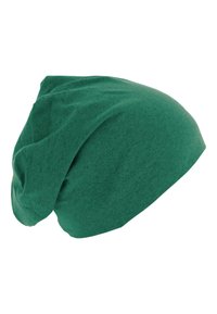 Green slouch beanie made of soft, textured fabric. Features loose-fitting design with a tapered end. Suitable for casual wear.