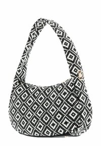 Sac à épaule noir et blanc à motif, avec un design en diamant, une forme incurvée et une texture tissée. Dispose d'une sangle en tissu et de quincaillerie décorative.