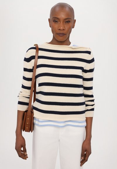 Maglione lavorato a maglia a righe blu navy e crema, con scollo a barca e maniche lunghe. Indossato sopra una camicia color azzurro chiaro con colletto, abbinato a pantaloni bianchi.
