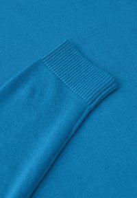 Blå stickad tröja med en slät yta. Har en ribbad mudd och subtila sömnadsdetaljer, som visar en enhetlig färg genom hela tröjan.