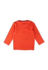 Langärmliges Kleinkinderhemd in leuchtendem Orange, von hinten auf einem weißen Hintergrund gezeigt.