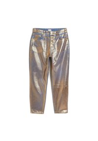 Metalické zlaté a stříbrné džíny se slim fit střihem, pěti kapsami a zipovým zapínáním. Mají hladkou, lesklou texturu.