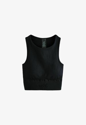 Black cropped tank top made of stretchy fabric, featuring a round neckline and ribbed band at the bottom with embossed brand detailing.
