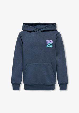 Sudadera con capucha azul marino con bolsillo tipo canguro y pequeño diseño floral abstracto en púrpura y verde azulado en el lado izquierdo del pecho.