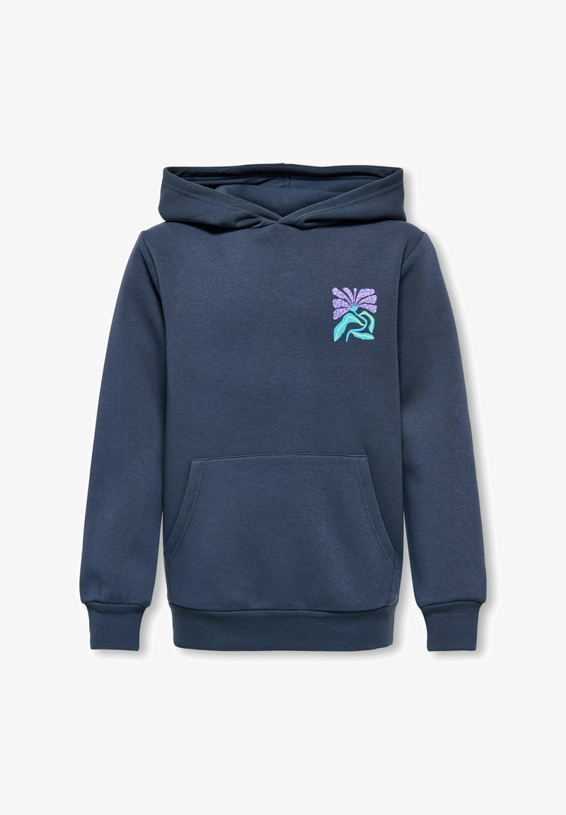 Sweat à capuche bleu marine avec poche kangourou et petit motif floral abstrait en violet et sarcelle sur le côté gauche de la poitrine.