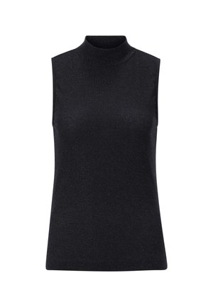 Zwarte mouwloze top met een hoge halslijn, gemaakt van geribbeld, textuur materiaal, met een getailleerde pasvorm en een gladde, reflecterende oppervlakte.