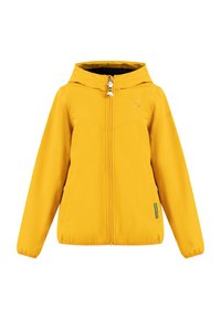 Žlutá nepromokavá bunda s kapucí, která má přední zip a elastické manžety. Vyrobena z hladkého a lehkého materiálu. Jednoduchý design.