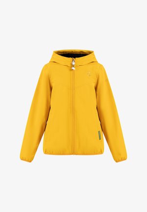 Żółta wodoodporna kurtka z kapturem, z zamkiem błyskawicznym z przodu i elastycznymi mankietami. Wykonana z gładkiego, lekkiego materiału. Prosty design.