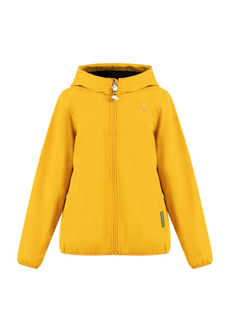 Žlutá nepromokavá bunda s kapucí, která má přední zip a elastické manžety. Vyrobena z hladkého a lehkého materiálu. Jednoduchý design.