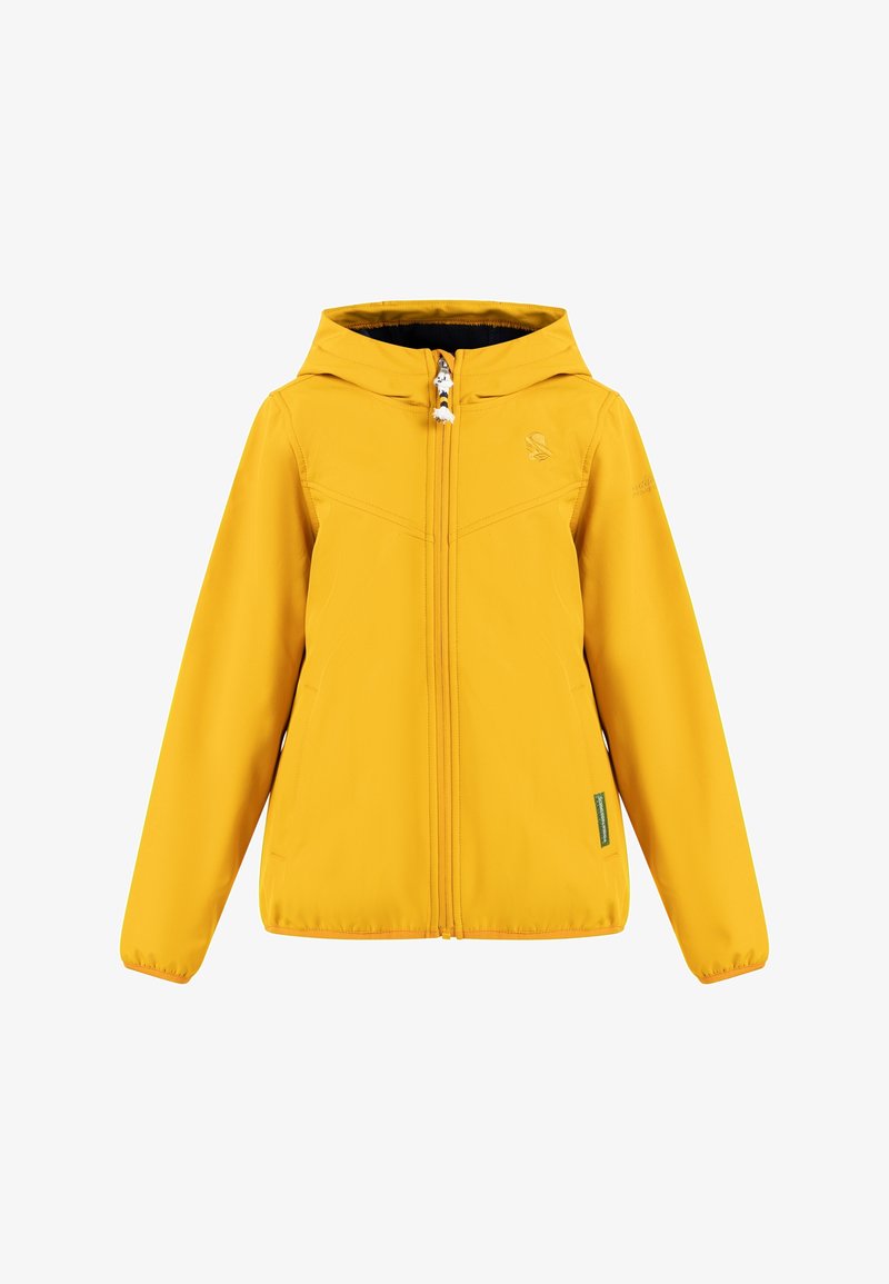 Žlutá nepromokavá bunda s kapucí, která má přední zip a elastické manžety. Vyrobena z hladkého a lehkého materiálu. Jednoduchý design.