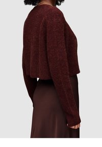 Vínový krátký svetr z měkké texturované látky s dlouhými rukávy, spojený s hnědou saténovou sukní. Minimalistický design s žebrovanými detaily.