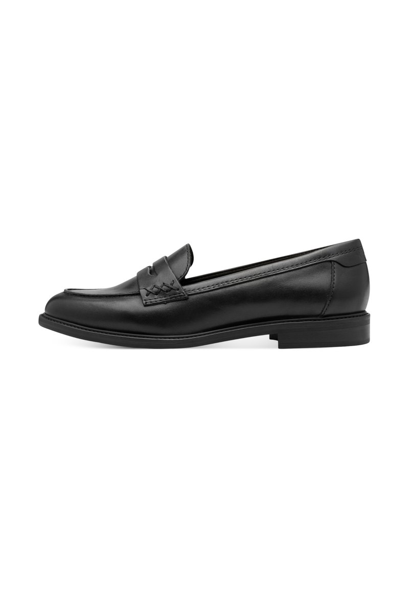 Schwarzer Lederloafer mit glatter Textur, der ein geflochtenes Detail über dem Obermaterial aufweist und eine niedrige, abgerundete Ferse besitzt. Einfaches Design und Form.