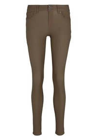 Jeans skinny marrones y elásticos con dos bolsillos frontales, dos bolsillos traseros y cierre de doble botón en la cinturilla. Textura suave.