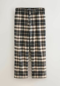 Pantaloni de pijama cu carouri în nuanțe de bleumarin, bej și maro. Confectionați dintr-un material moale, cu talie elastică și șnur ajustabil.