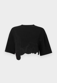 Μαύρο κοντομάνικο T-shirt cropped με διακριτικό ανάγλυφο σχέδιο σε όλο το μπροστινό μέρος και στρογγυλή λαιμόκοψη.
