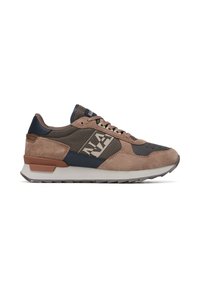 Scarpe da atletica marroni e blu con una tomaia in suede e rete, caratterizzate da un design testurizzato, collo imbottito e una suola in gomma a contrasto.