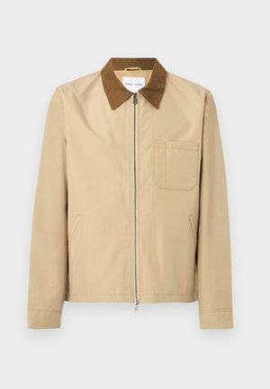 Beige zip-up jacket with brown collar, long sleeves, chest pocket on the left, and two side pockets.