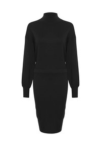 Robe midi noire en maille, manches longues, col haut, avec poignets et taille côtelés, présentée sur fond blanc.