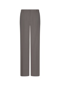 Taupe rechte pijpenbroeken met riemlussen, ritssluiting aan de voorkant en een minimalistisch ontwerp op een witte achtergrond.