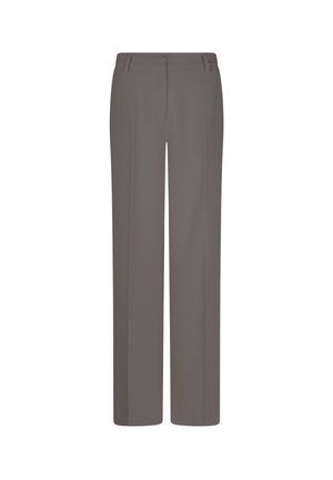 Taupe gerade geschnittene Hosen mit Gürtelschlaufen, Reißverschluss vorne und minimalistischer Gestaltung auf weißem Hintergrund.