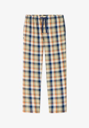 Heren pyjamabroek met volledige lengte, met een beige, blauw, oranje en wit ruitpatroon en een blauwe trekkoord aan de elastische tailleband.