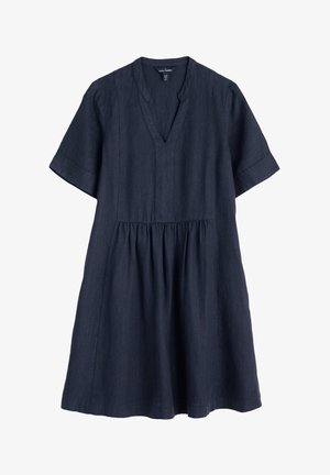 Czarna niebieska sukienka z krótkim rękawem, wykonana z lekkiego materiału. Posiada dekolt w kształcie litery V oraz marszczoną talię, co zapewnia zwiewny kształt.