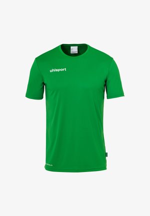 Grøn kortærmet sports skjorte med rund hals, hvid "uhlsport" logo på brystet og lille mærke på siden.