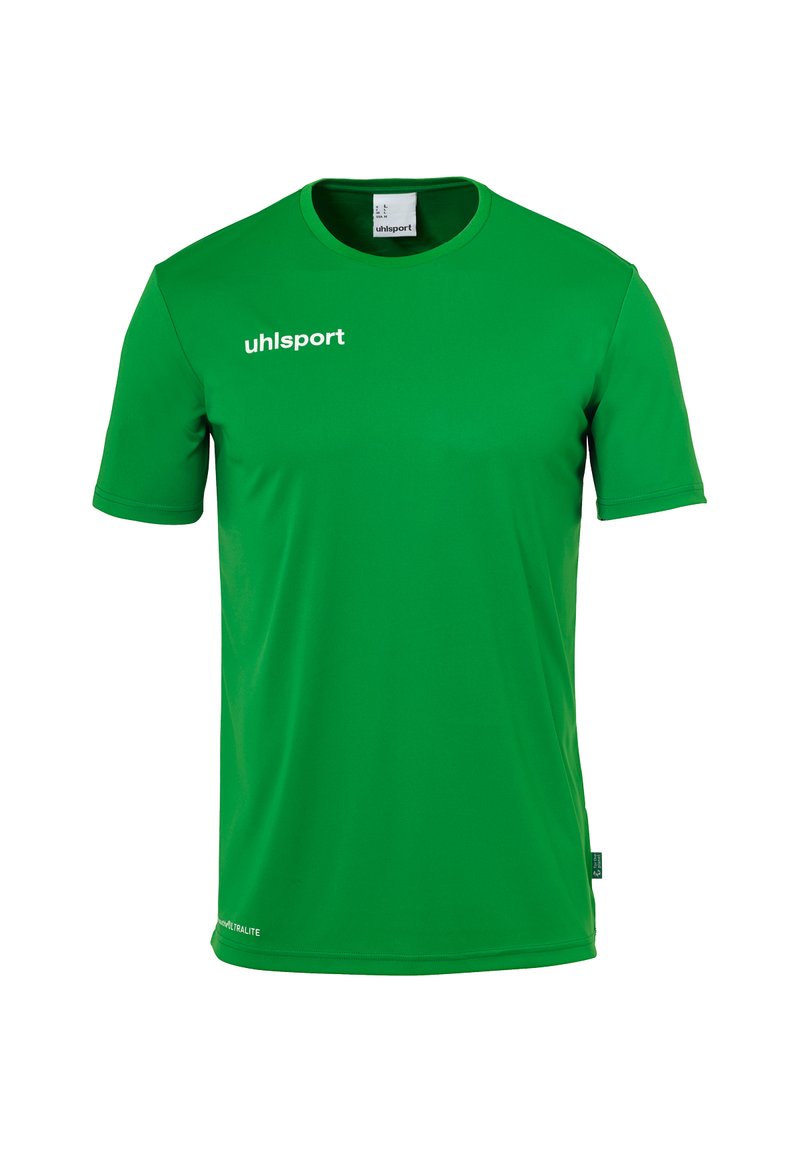 Grøn kortærmet sports skjorte med rund hals, hvid "uhlsport" logo på brystet og lille mærke på siden.