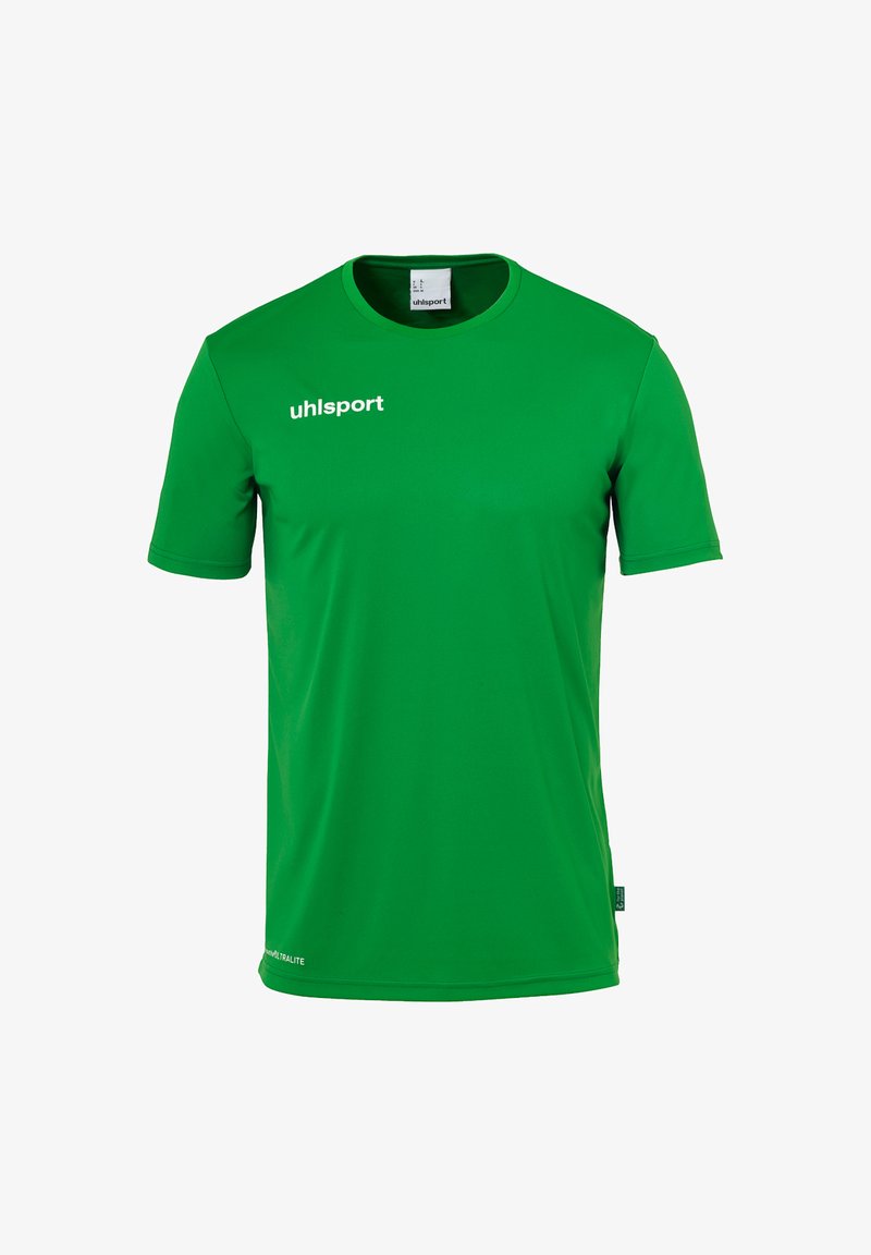 Grøn kortærmet sports skjorte med rund hals, hvid "uhlsport" logo på brystet og lille mærke på siden.