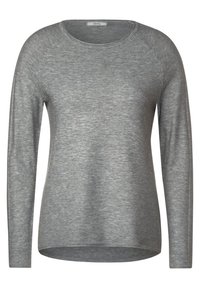 Pull gris à manches longues avec un col rond, tissu texturé et motif côtelé. Coupe décontractée avec des manches raglan et un ourlet courbé.