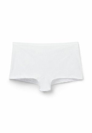 Białe bawełniane majtki typu boyshorts o gładkiej teksturze, z średnim stanem i bez widocznych szwów. Zaprojektowane z myślą o komforcie i pewnym dopasowaniu.