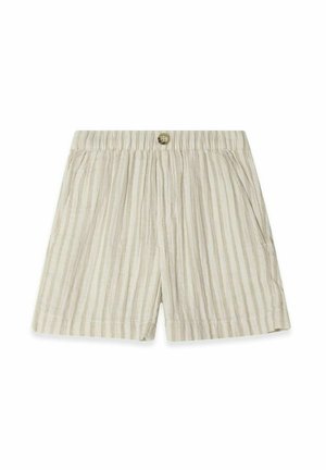 Lys beige shorts med vertikale striber, elastisk talje, knaplukning og sidelommer. Lavet af et struktureret stof.