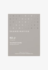 Gray packaging for a scented candle featuring minimalist geometric patterns and white text, labeled "RO Tranquility," made from Swedish rapeseed wax.