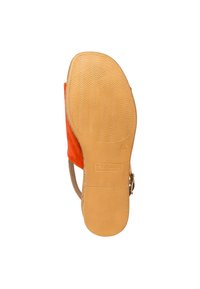 Orange Wildlederschuh mit einer strukturierten Gummisohle, hellbraunen Akzenten und einem Schnallenriemen. Die Sohle weist ein gerilltes Muster für besseren Halt auf.